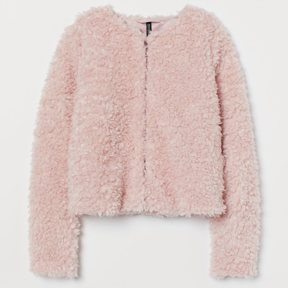 H&M PINK SHORT CROPPED FAUX FUR JACKET COAT MEDIUM - Picture 2 of 6
